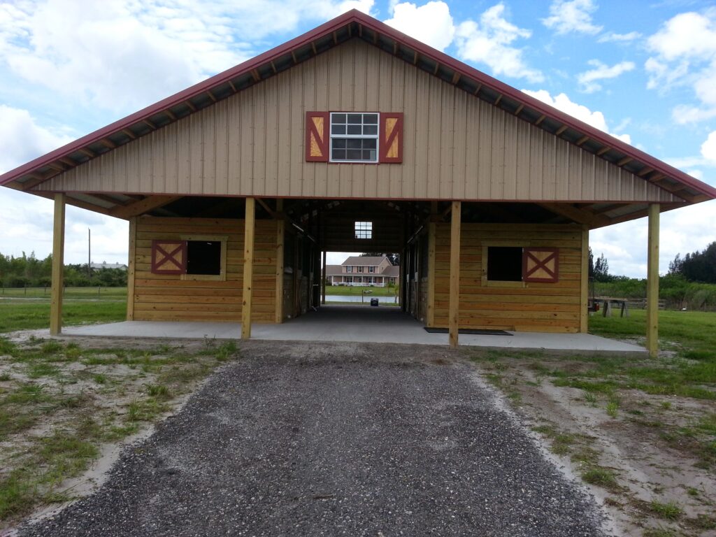 Sturdy finished post-frame barn engineered to resist Florida hurricane winds